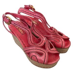 EUC - Prada Women's Pink Wedge Sandal Espadrilles - size 37.5/US7.5